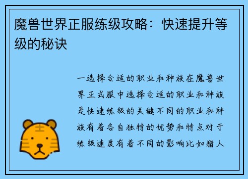 魔兽世界正服练级攻略：快速提升等级的秘诀