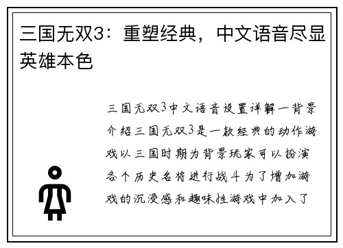 三国无双3：重塑经典，中文语音尽显英雄本色